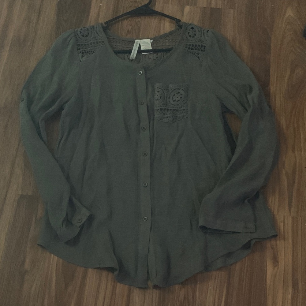 Forgotten Grace Olive Green Sheer Blouse With Crochet Detail - Picture 6 of 6